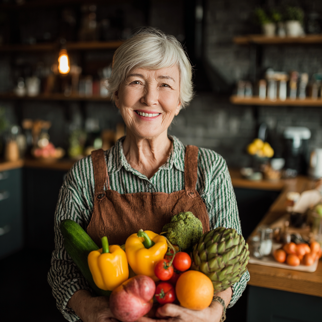 Smiling elderly European couple preparing healthy meal together in bright kitchen