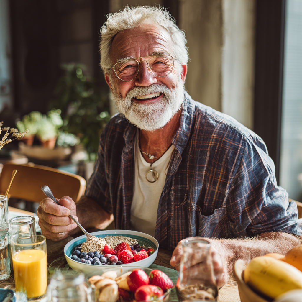Happy elderly European woman holding fresh vegetables and fruits in modern kitchen